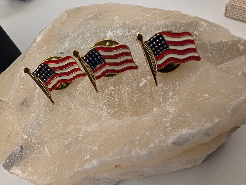 Lot of 3 American Flag Lapel Pins Patriotic USA Gold Tone Enamel Pinbacks